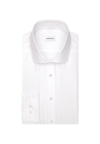 Camicia bianca con righe verticali, chiusura frontale con bottoni, colletto a punta e polsini a un bottone. Il tessuto è liscio con un aspetto fresco e curato.