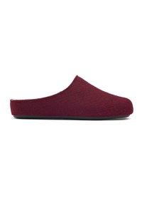 Burgundy wool slipper with a soft texture, closed back, and rounded toe, featuring a flat black rubber sole for indoor wear.