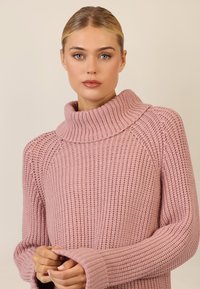 Hellrosa, gestrickter Pullover mit einem hohen, gerippten Kragen und langen Ärmeln. Der strukturierte Stoff weist ein lockeres, offenes Maschenmuster auf.
