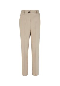 Beige op maat gemaakte broek van geweven stof. Heeft een rechte pijp, een gevouwen voorkant, een knoopsluiting en zakken. Klassiek ontwerp.