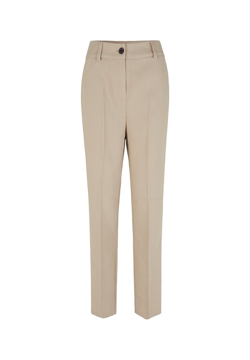 Beige op maat gemaakte broek van geweven stof. Heeft een rechte pijp, een gevouwen voorkant, een knoopsluiting en zakken. Klassiek ontwerp.