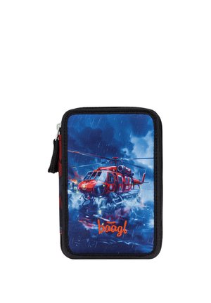Kompaktowa saszetka na zamek z czerwonym helikopterem ratunkowym latającym w deszczu na tle burzowego, niebieskiego nieba z napisem „baagl” na dole.