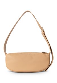 Helle Lederschultertasche mit geschwungener Form, verstellbarem Riemen und Reißverschluss. Strukturiert Oberfläche mit minimalen Hardware-Details.