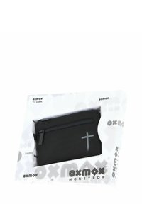 Black vegan money box with a zip closure and a grey cross design. Packaged in a white box with "oxmox" branding.