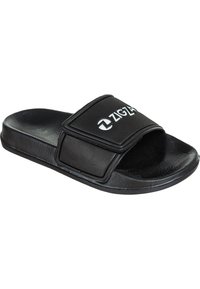 Sort slidesandal lavet af syntetisk materiale. Har en bred justerbar rem med et logo, flad tekstureret fodseng og en holdbar sål.