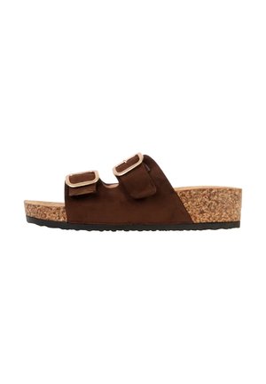 Brun slip-sandal med kork kilehæl, to justerbare remme med guldfarvede spænder og sort tekstureret sål.