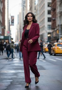 Burgundowy garnitur dopasowany, z szerokimi spodniami i dopasowaną górą. Czarne buty na obcasie. Miejska sceneria z rozmytymi przechodniami.