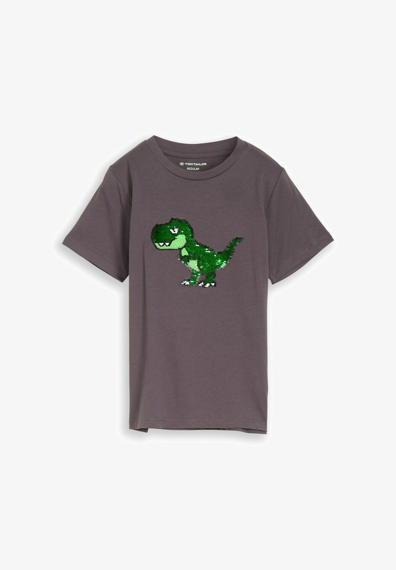 Ciemnoszary t-shirt z krótkim rękawem z zielonym, cekinowym wzorem dinozaura na przodzie, oznaczony jako Tom Tailor Regular, rozmiar.