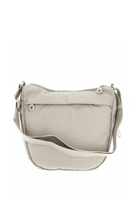Beige Umhängetasche aus texturiertem Stoff. Mit Reißverschluss, verstellbarem Trageriemen und dezenten Steppnähten auf der Außenseite.