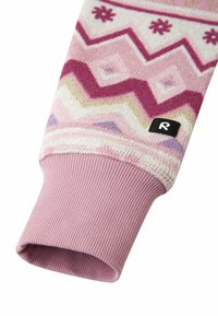 Gestrickter Pulloverärmel in Pink mit geometrischen Mustern und Schneeflocken, ausgestattet mit einem gerippten Bündchen in einem einfarbigen, hellen Pink. Schwarzes Logotag vorhanden.