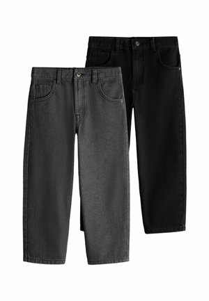 Two pairs of straight-leg jeans, one dark gray and one black, shown front-facing with button and pocket details visible.
