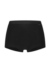 Sous-vêtements noirs de style court avec une texture lisse et une taille élastique. Présente un design simple sans motifs ni coutures visibles.