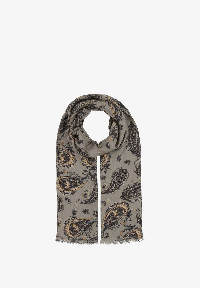 Sciarpa grigia con un motivo paisley in blu scuro e oro. Bordo finito con frange, realizzata in un tessuto morbido per garantire comfort.