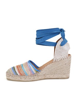 Sandale compensée avec un dessus en tissu rayé multicolore tressé, des brides de cheville bleues, un talon compensé en jute et une semelle intérieure en cuir.