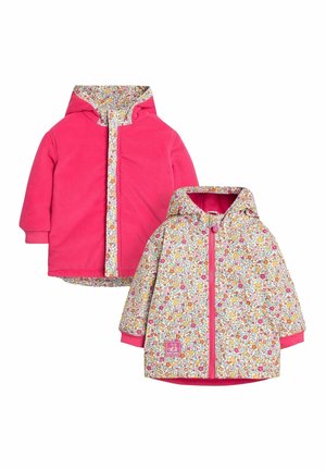 Pink fleece jacket with floral-patterned lining and accents. Features a hood, front zip closure, and elastic cuffs. Double-layered design.
