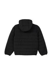 Zwarte pufferjack met een capuchon, voorzien van een geweven textuur, elastische manchetten en een iets aangesnoerde onderste zoom voor een perfecte pasvorm.