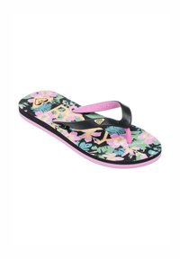 Blommiga flip-flops med ett svart texturerat band, en grön och rosa mönstrad fotbädd och en rosa sula med logotypdetaljer.