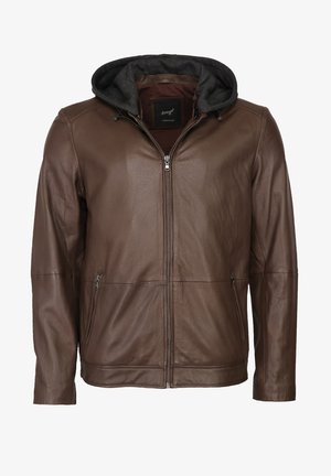 Braune Lederjacke mit Reißverschluss vorne, seitlichen Taschen und grauem Innenfutter der Kapuze. Glatte Textur und maßgeschneiderte Passform, geeignet für die Freizeit.