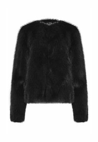Chaqueta de piel negra con mangas largas y cuello redondo. Presenta una superficie suave y texturizada y un diseño corto. No hay sujetadores visibles.