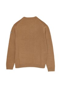 Maglione lavorato a maglia di un caldo colore marrone, con colletto e polsini a coste, maniche raglan e dettaglio del logo sulla spalla sinistra.