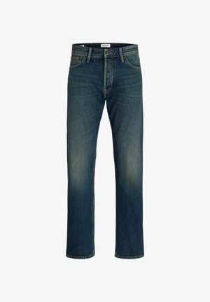 Dunkelblaue Jeans aus Denim mit geradem Bein Schnitt. Merkmale sind ein Knopfverschluss, fünf Taschen und dezente Auswaschungen an den Oberschenkeln.
