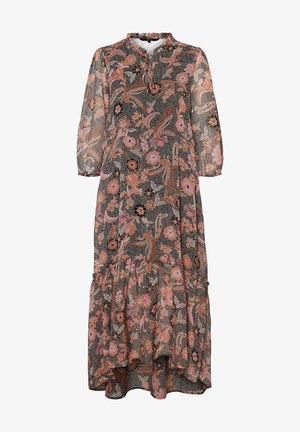 Maxikleid aus weichem Stoff mit einem dunkelgrauen Grundton und lebhaften Blumenmustern in Pink, Orange und Grün. Gestufter Saum und Dreiviertelärmel.