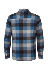 Cămășă pentru bărbați cu mânecă lungă din flanel, având un model în carouri albastre, negre și gri. Fabricată dintr-un material texturat cu manșete cu butoane.
