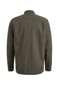 Chemise vert olive à manches longues avec poignets boutonnés vue de dos sur fond blanc.