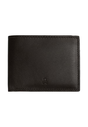 Cartera negra de piel tipo bifold con costuras visibles y pequeño logo en relieve de calavera centrado cerca del borde inferior.