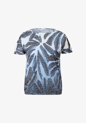 Korte mouwen t-shirt in lichtblauw en grijs met een bladpatroon, ronde halslijn en een ontspannen pasvorm, gemaakt van zachte, gestructureerde stof.