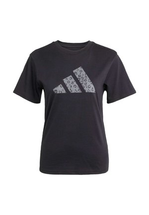 Camiseta de algodón negra con un logotipo de Adidas en print de leopardo gris en forma de tres franjas en el frente. Manga corta, cuello redondo.