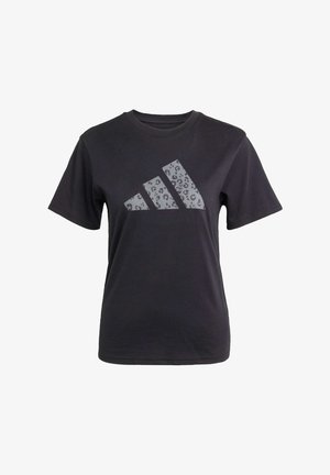 Čierne bavlnené tričko s krátkymi rukávmi, na prednej strane s šedou leopardou potlačou loga Adidas v tvare troch pruhov. Má okrúhly výstrih.