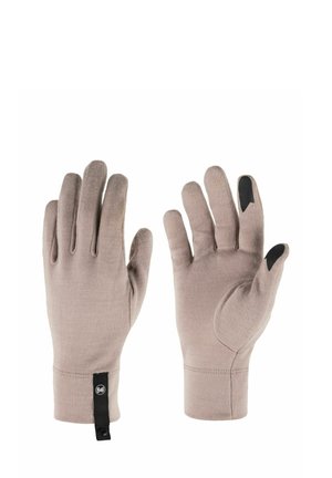 Pair of beige fabric gloves with black touchscreen pads on thumb and index finger tips and a black fabric tag on the wrist.