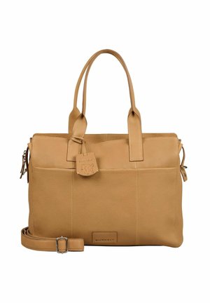 Tote bag van tan leer met twee handgrepen aan de bovenkant, ritsluiting en een afneembare schouderband. Voorzien van een geperforeerd logo en buitenzakken. Getextureerde oppervlakte.