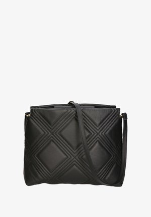 Black leather handbag with diamond quilted pattern, zip closure, and adjustable strap. Smooth texture with prominent stitching detail.