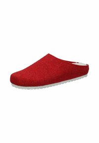 Red felt clogs with a rounded toe, soft interior lining, and white rubber outsole. Smooth texture, seamless design, no visible hardware.
