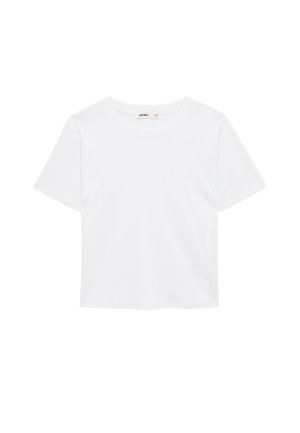Einfaches weißes Kurzarm-T-Shirt mit Rundhalsausschnitt, regulärer Passform und ohne sichtbare Muster oder Logos.