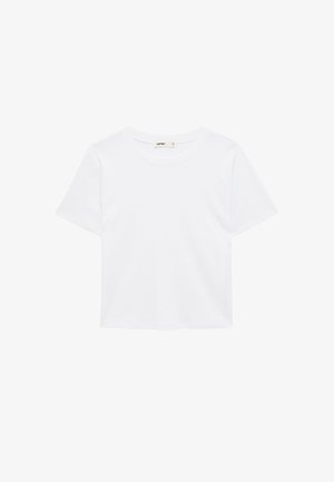 Einfaches weißes Kurzarm-T-Shirt mit Rundhalsausschnitt, regulärer Passform und ohne sichtbare Muster oder Logos.