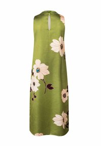 Ärmelloses olivgrünes Kleid mit großen weißen Blumen und dunkelgrünen Blättern, mit einem kleinen Schlüssellochausschnitt am Rücken und zwei Knöpfen am Hals.