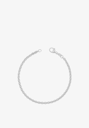 Silbernes Kettenarmband mit abgerundeten ineinandergreifenden Gliedern und Karabinerverschluss auf weißem Hintergrund.
