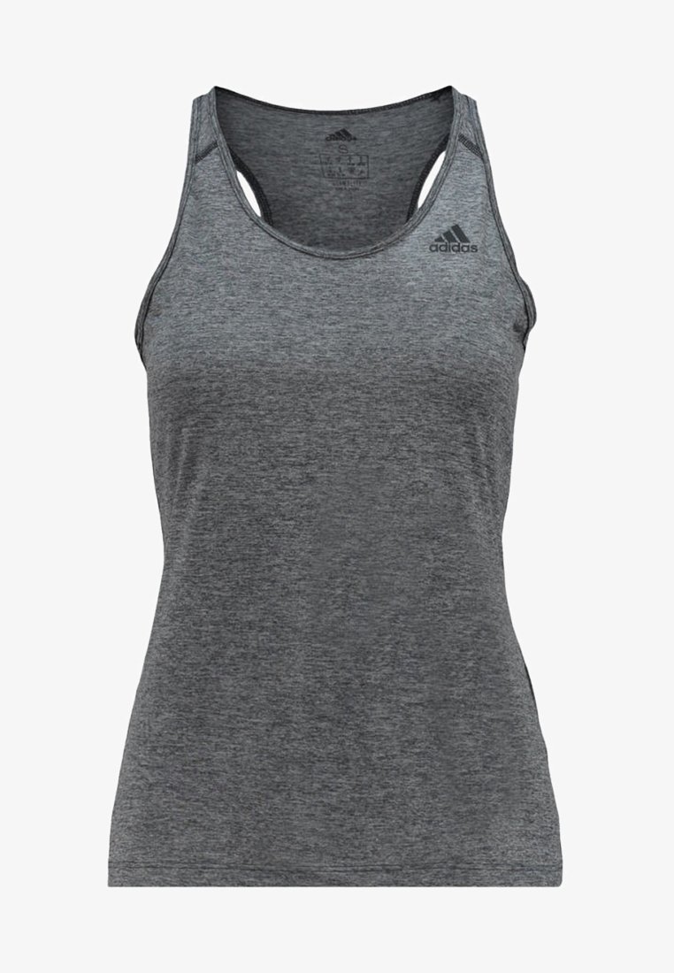 Débardeur athlétique sans manches gris foncé avec col rond et logo Adidas sur le haut gauche de la poitrine.