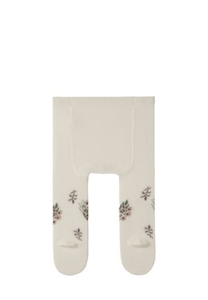 Chaussettes couleur crème avec un motif floral décoratif en rose et vert doux. Texture lisse, conçues avec une section découpée en haut.
