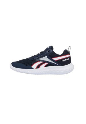 Zapatilla deportiva de Reebok en azul marino con franjas blancas y rojas, parte superior de malla, cierre de cordones y suela acolchada gruesa blanca.
