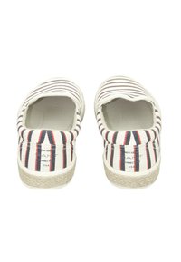 Canvas slip-on shoes with red and navy vertical stripes on a white background, featuring a natural jute sole and open heel design.