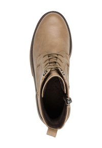 Bottine en cuir tan avec un bout rond, un design à lacets et une fermeture zippée sur le côté. Présente une semelle texturée et une doublure intérieure douce.