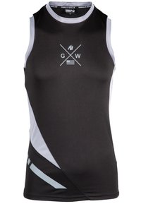 Zwarte mouwloze sportieve tanktop met grijze zijaccenten. Voorzien van een gedrukt logo en een ontwerp van gekruiste bijlen op de voorkant. Gemaakt van gladde stof.