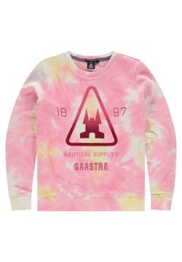 Sudadera de tirantes en tonos rosa y amarillo con cuello redondo, que presenta un logo de castillo y el texto "Suministros Náuticos" y "Gaastra" en color burdeos. Tejido suave.