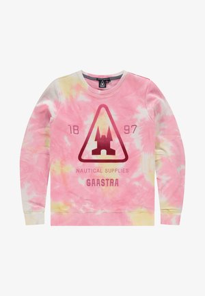 Sweatshirt tie-dye rose et jaune avec col rond, arborant un logo de château et le texte "Nautical Supplies" et "Gaastra" en bordeaux. Tissu doux.