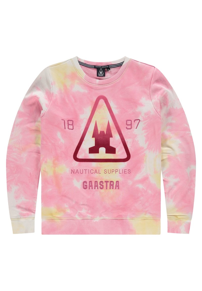 Sudadera de tirantes en tonos rosa y amarillo con cuello redondo, que presenta un logo de castillo y el texto "Suministros Náuticos" y "Gaastra" en color burdeos. Tejido suave.