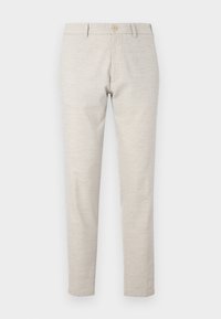Lichtbeige broeken met een rechte pasvorm, gemaakt van lichtgewicht stof. Voorzien van een enkele knoopsluiting en eenvoudige stikdetails.